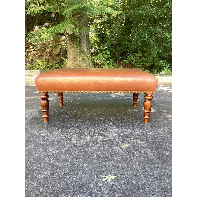 Late 20th Century Cognac Leather Rectangular Ottoman With Turned Wood Legs & Nailhead Trim For Sale - Image 4 of 6