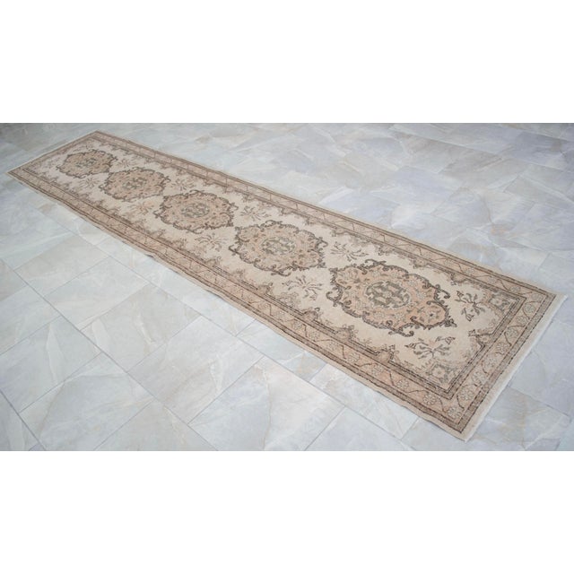Hand-Knotted Earth Tones Turkish Runner Rug Faded Colors Low Pile Hallway Decor - 2'9″x 12'7″ For Sale - Image 6 of 10