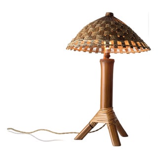 Bamboo and Rattan Table Lamp with Woven Shade, 1950s For Sale