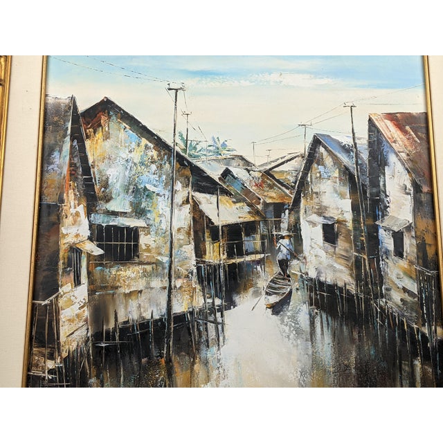 Mid 20th Century Attributed to Trần Quang Hiếu, Signed Vietnamese Stilt Village Oil Painting For Sale - Image 16 of 18