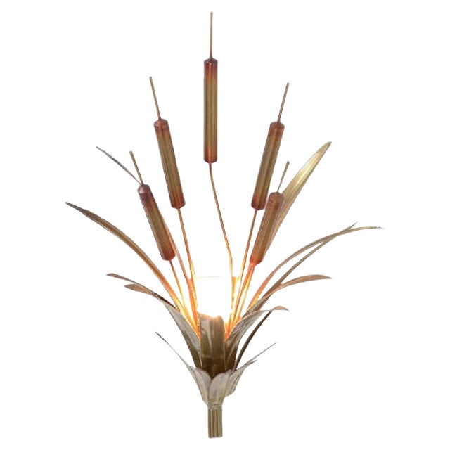 Brass Cattail Wall Lamp Attributed to Maison Jansen, 1970s For Sale