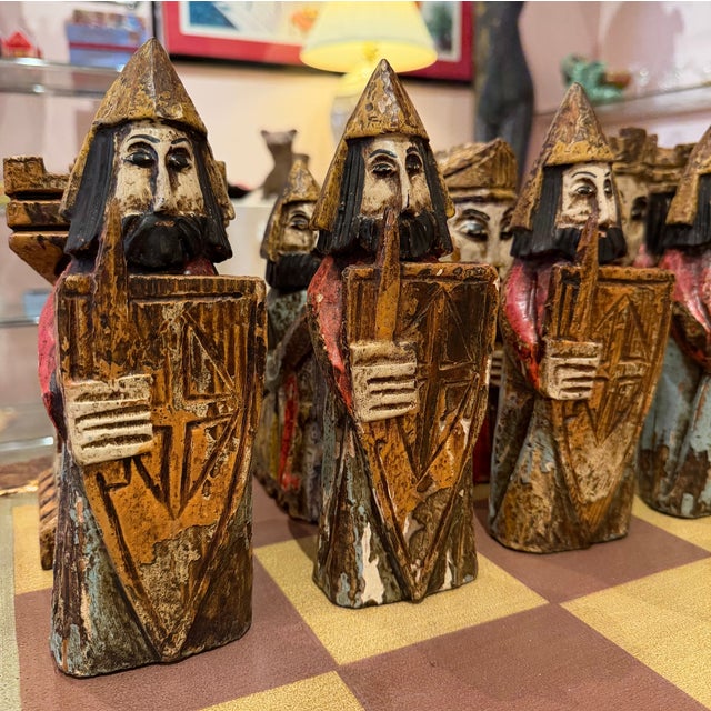 Vintage Mid-Century Carved Chess Board Coffee Table With Chess Pieces For Sale - Image 10 of 16