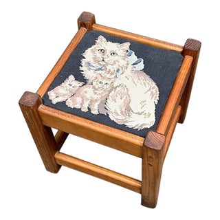 Square Wood Needlepoint Cat Stool For Sale