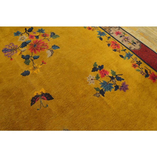 Goldenrod 1920s Yellow Florid Antique Chinese Art Deco Carpet 7'2" X 9'10" Handknotted Wool Rug For Sale - Image 8 of 14