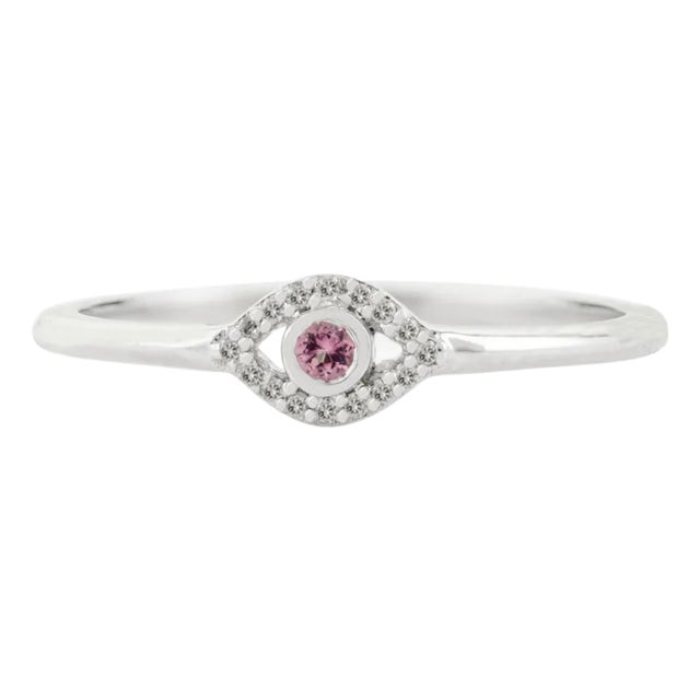 Minimal Pink Tourmaline Evil Eye Ring With Diamonds in 18k White Gold Size 7 For Sale