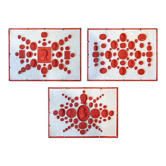 Set of Three Grand Tour Neoclassical Vintage Red Plaster Cast Waxed Intaglio Arrangements For Sale