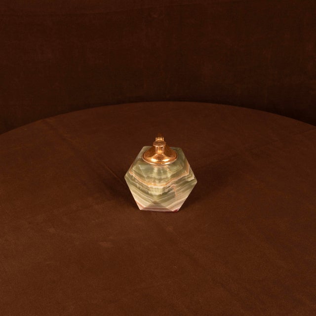 Mid-Century Modern Italian Geometric Green Onyx and Brass Table Lighter, 1970 For Sale - Image 3 of 15