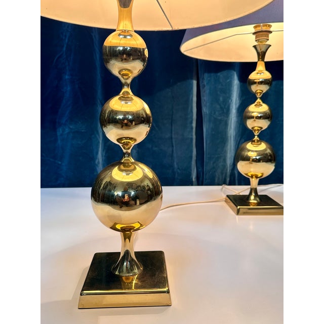 1970s Large Table Lamps with Sculptural Brass Ball Bases, 1970s, Set of 2 For Sale - Image 5 of 18
