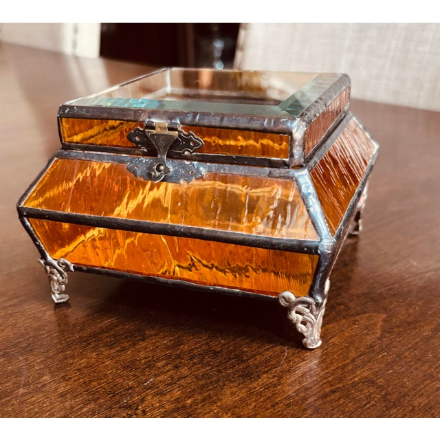 Art Nouveau Stunning Rich Deep Amber Wavy Glass Casket/Box With Leaded Edges. Detailed Brass Feet and Hardware, a Beveled Clear Glass Top, and Mirrored Inside. For Sale - Image 3 of 12