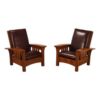 Stickley Mission Collection Pair Of Oak & Leather Bow Arm Morris Chairs For Sale