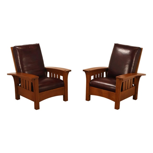 Stickley Mission Collection Pair Of Oak & Leather Bow Arm Morris Chairs For Sale