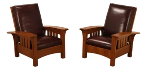 Stickley Mission Collection Pair Of Oak & Leather Bow Arm Morris Chairs