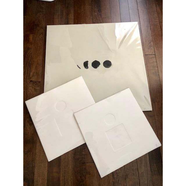 3 abstract compositions, 2 in the style of Omar Rayo. Largest is 21" x 21" and the two smaller ones are 12" x 12" and are...