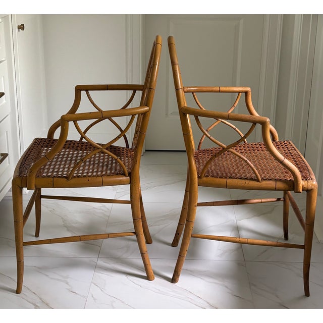 Wood Vintage English Faux Bamboo Oval Back Armchairs in the Manner of Tom Parr for Colefax & Fowler For Sale - Image 7 of 17