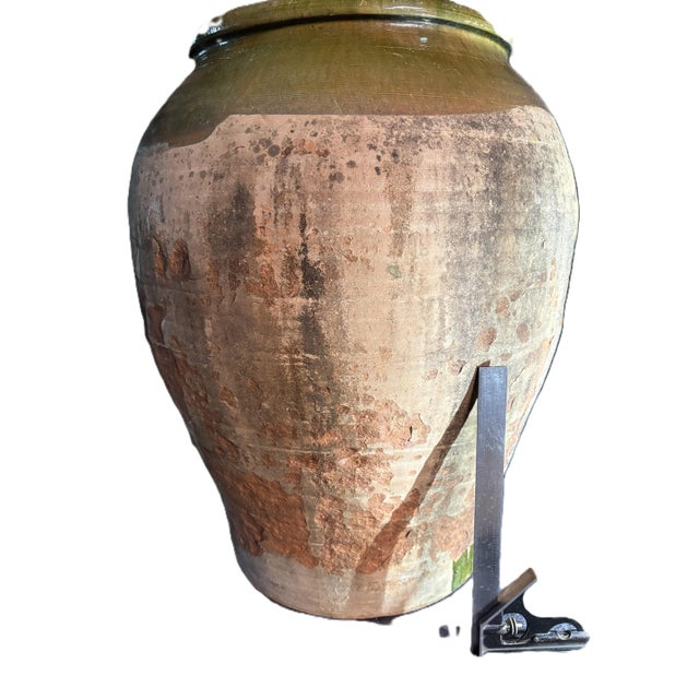 Ceramic Antique Earthenware Storage Jar With Green Glaze and Staple Repair For Sale - Image 7 of 9