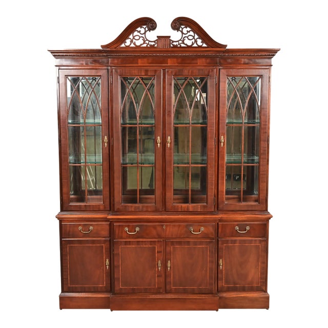 Ethan Allen Georgian Inlaid Mahogany Lighted Breakfront Bookcase Cabinet For Sale