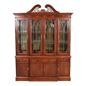 Ethan Allen Georgian Inlaid Mahogany Lighted Breakfront Bookcase Cabinet