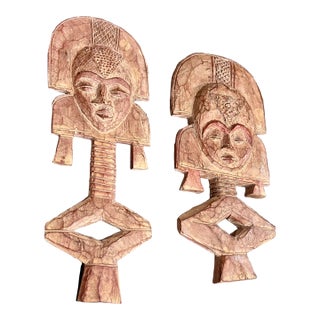 Mid 20th Century Pair of Hand-Carved, African, Wooden, Tribal Figures With Unique Faces, Headdresses, and Metal Ornamentation For Sale