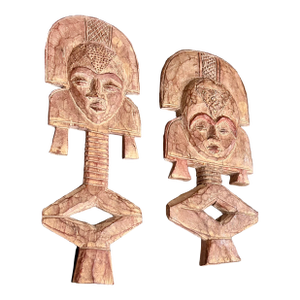 Mid 20th Century Pair of Hand-Carved, African, Wooden, Tribal Figures With Unique Faces, Headdresses, and Metal Ornamentation