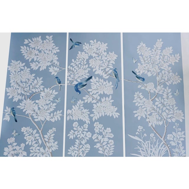 Chinoiserie Unframed Hand-Painted Silk Blue Chinoiserie Wallpaper Panels - Set of 3 For Sale - Image 3 of 9