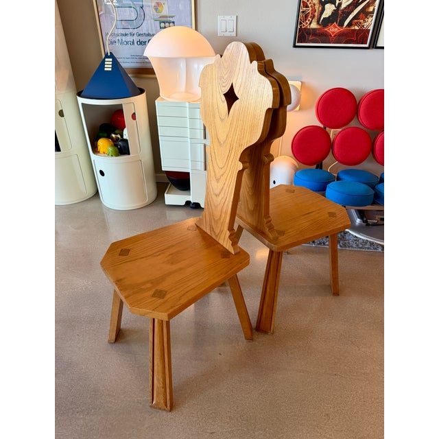 Brown Vintage Mid-Century Alpine French Brutalist Carved Oak Side Chairs Pair Wabi Sabi Style For Sale - Image 8 of 18