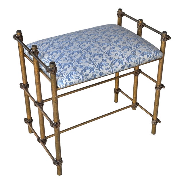 Vintage Gilt Rope Metal Vanity Stool in Fortuny Richelieu Fabric For Sale