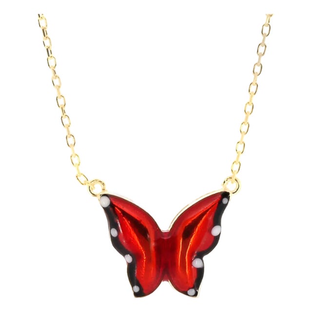 Gold Joy Red Enamel Butterfly Necklace For Sale