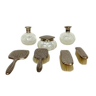 Italian Silver Plated and Blown Murano Glass Bathroom Set, 1940s, Set of 7 For Sale