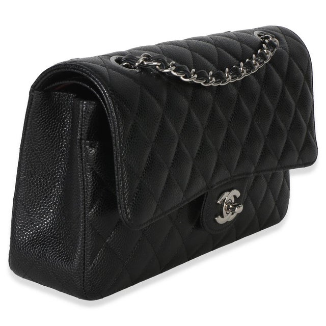 Traditional Black Quilted Caviar Medium Classic Double Flap Handbag For Sale - Image 3 of 9