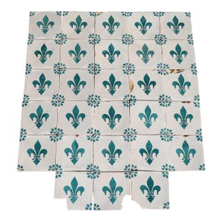 Antique 19th Century Portuguese Heraldic Motif Tiles With Teal Fleur-De-Lis Set of 28 For Sale