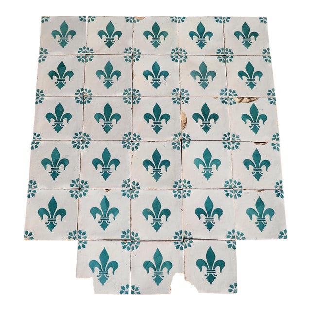 Antique 19th Century Portuguese Heraldic Motif Tiles With Teal Fleur-De-Lis Set of 28 For Sale