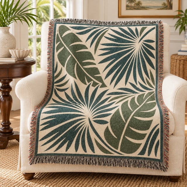 English Tropical Palm Leaf Woven Throw Blanket – Green & Cream, 60 × 50 For Sale - Image 3 of 5