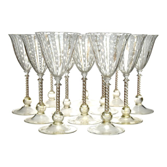 1950s Mid Century Cenedese Venetian Zanfirico Tall Goblets, Set of 12 For Sale