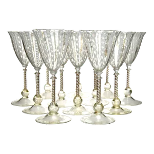 1950s Mid Century Venetian Zanfirico Tall Goblets- Set of 12