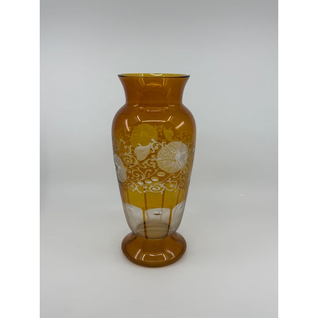 Gorgeous amber Czech cut glass vase with flowers and vines. Delicate and in excellent vintage condition