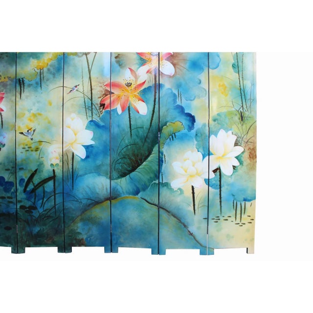 Sky Blue Water Ink Style Blue Lotus Pond Flower Birds Theme Graphic Screen For Sale - Image 8 of 9