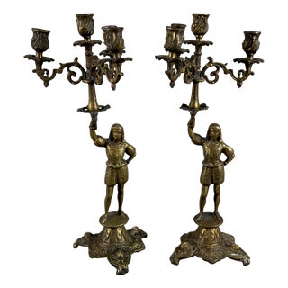 Mid-Century Bronze 4-Flame Candelabras with Noble Figures, Set of 2 For Sale
