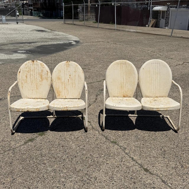 Vintage Rusty Art Deco Steel Metal Clam Shell Double Seat Porch Patio Loveseat Bench - a Pair. Circa Early 20th Century....