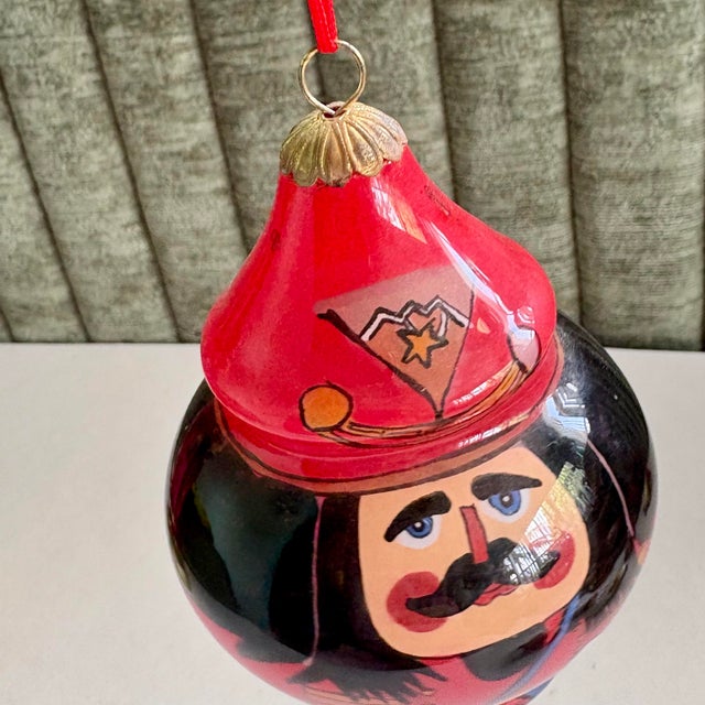 Red Vintage Pier 1 Li Bien Nutcracker Glass Christmas Ornament - Reverse Hand Painted Blown Glass Holiday Decor For Sale - Image 8 of 10