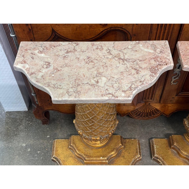 Pair of Carved Giltwood Pineapple Consoles With Marble Tops For Sale - Image 10 of 16