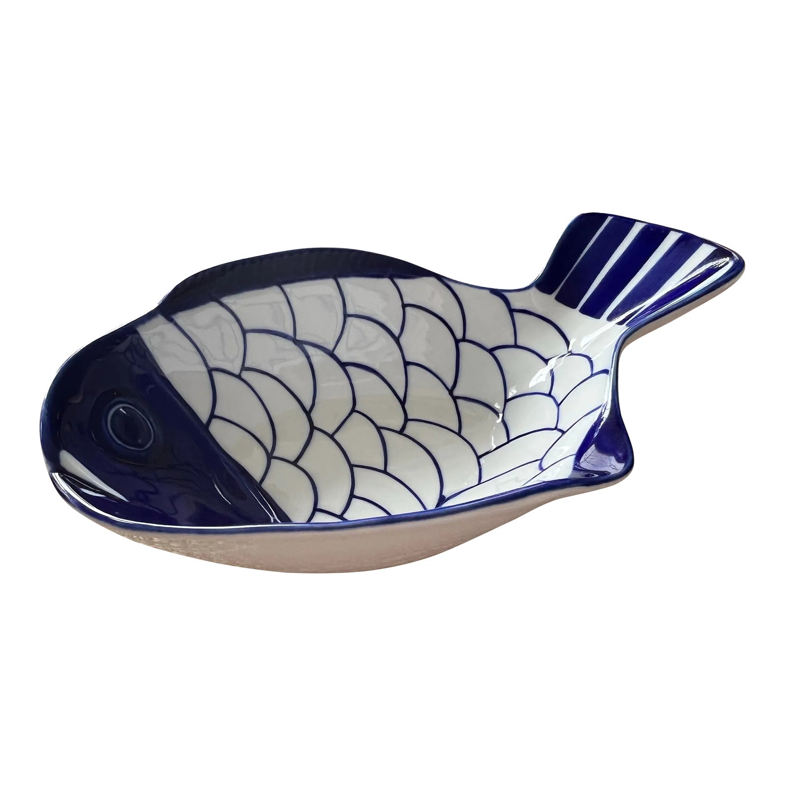 Blue Glazed Bowl With Fish Hand Painted