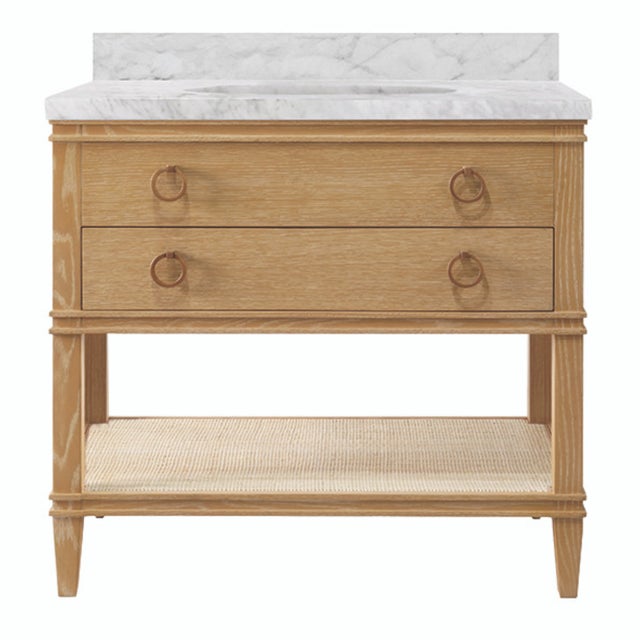 Matthew Izzo Home Cutler Cerused Oak Two Drawer, Single Sink Bath Vanity W/Carrara Marble Top, Open Cane Shelf, and Brass Hardware For Sale In New York - Image 6 of 6