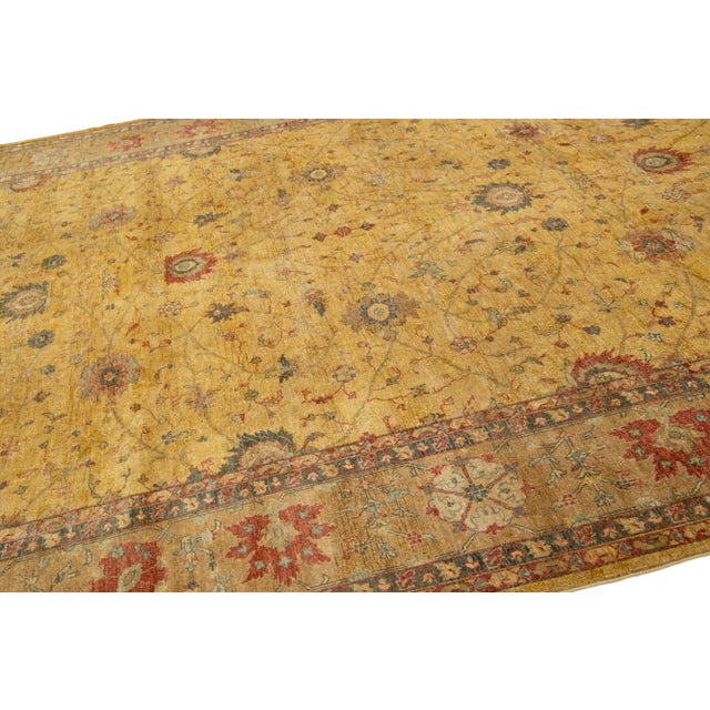 Paki Peshawar Handmade Wool Rug in Goldenrod With Floral Design For Sale In New York - Image 6 of 9