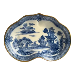 Antique 18th Century George III Pearlware Blue & White Kidney Shaped Dish in the Chinese Boy and Buffalo Pattern