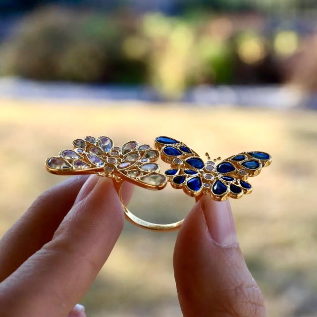 Royal Blue Nina Zhou Sapphire Aquamarine Diamond Two Butterfly Between the Finger Cocktail Ring in 14k Yellow Gold, size 7 For Sale - Image 8 of 9