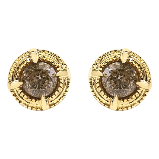 14K Yellow Gold Plated .925 Sterling Silver 1/2 Cttw Round Brilliant Cut Diamond Solitaire Milgrain Stud Earrings - 2 Pieces For Sale