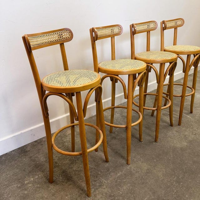 Brown Vintage Italian Bentwood and Cane Bar Stools, 1970s, Set of 4 For Sale - Image 8 of 12