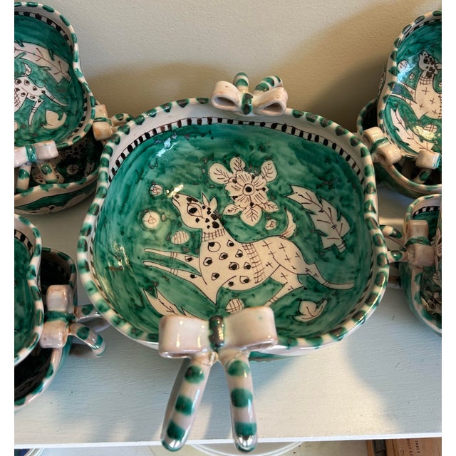 Emerald Vintage Italian Vietri Earthenware Pottery Handpainted Leaping Deer Emerald Green Salad Service for 8 For Sale - Image 8 of 12