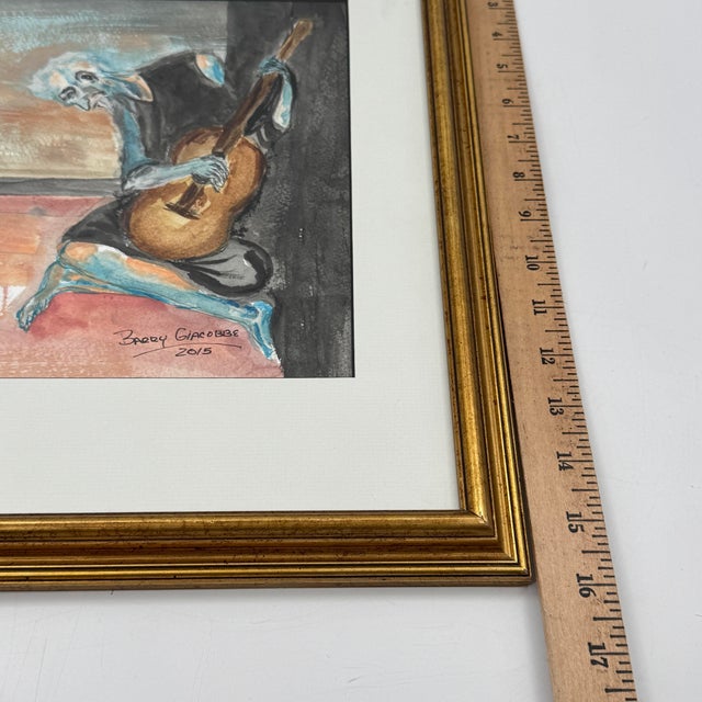 Blue Signed Original Watercolor After Picasso Old Guitarist Framed For Sale - Image 8 of 11