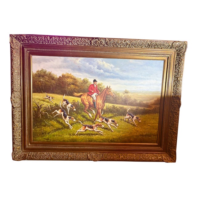Early 20th Century Original Ferdinand Arnold Oil Painting – English Fox Hunt Scene With Hounds – Traditional Equestrian Decor in Ornate Frame For Sale